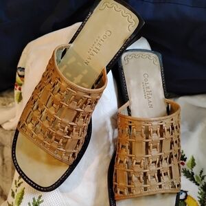 Cole Haan Country Sandals Womens 7.5 B Beige Woven Leather Lattice Slides